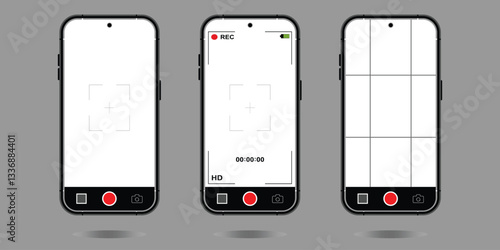 Smartphone Camera Interface. Photo and Video UI for Mobile Apps. Viewfinder, Grid, Focus, and Record Buttons. Vector Mockup for Photography and Selfies. Saved in EPS 10 and fully editable.