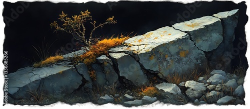 Obraz na płótnie Lone shrub on cracked cliff, dark background w salonie