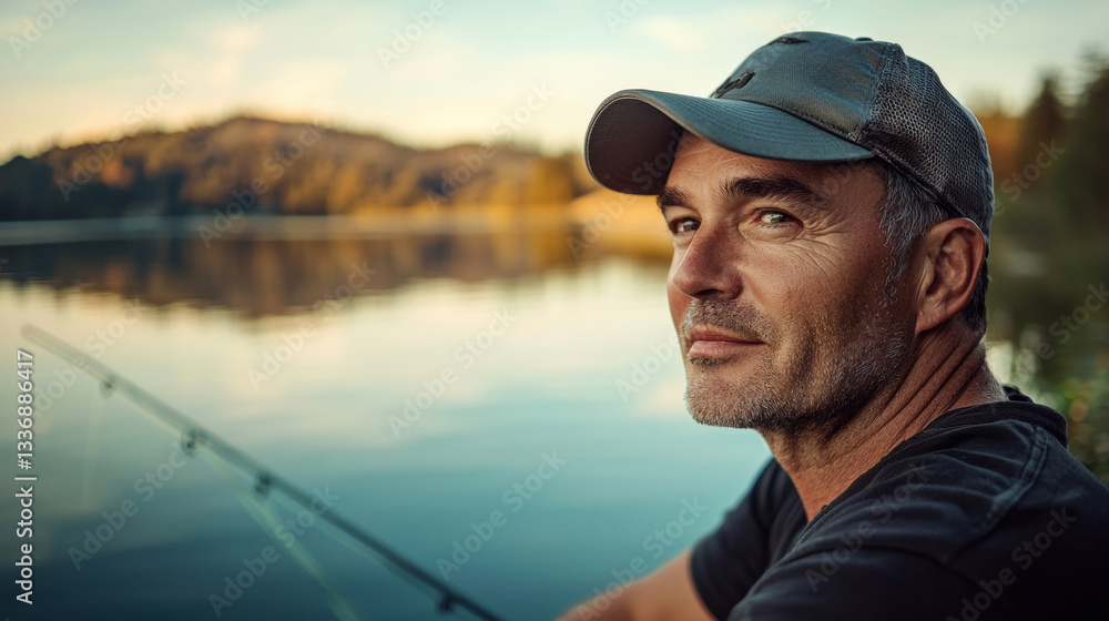 Obraz premium Portrait of middle age man with a relaxed expression, wearing a baseball cap, fishing by a lake, beautiful landscape reflecting on water, capturing a moment of leisure and tranquility
