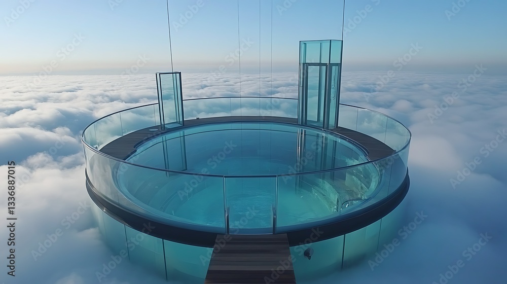 Cloudtop pool, glass elevator, sunrise