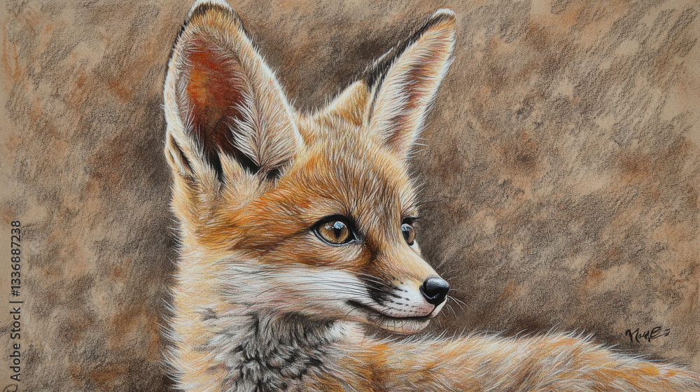 Naklejka premium A curious young fox gazing forward, its fur a mix of russet and golden hues, ears perked up