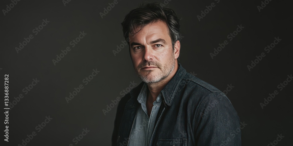Obraz premium Confident Middle-Aged Man in Casual Attire Against a Dark Background
