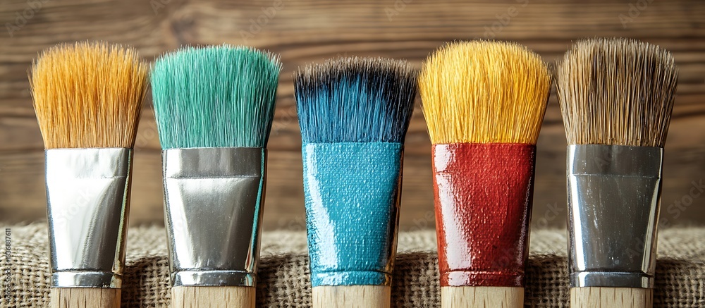Colorful paintbrushes on wood background