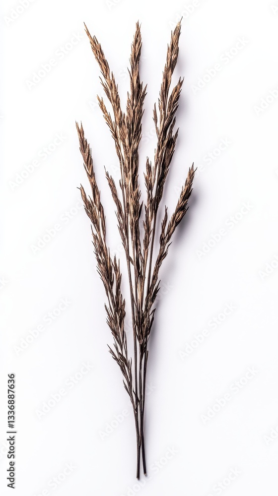 A cluster of dried brown grass stems arranged on a stark white background provides a minimalist botanical image perfect for design projects needing natural textures and earthy A cluster of dried brown grass stems arranged on a stark white background provides a minimalist botanical image perfect for design projects needing natural textures and earthy