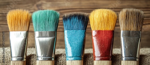 Obraz na płótnie Colorful paintbrushes on wood background w salonie