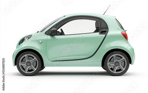 A small, mint green car with a sleek design, showcasing its compact size and modern features from a side view.