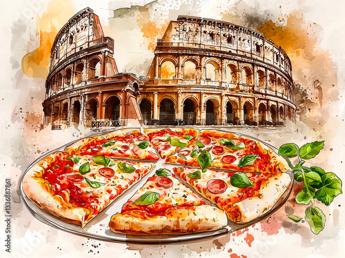  watercolor pizza and pizzeria illustrations in the front, classic roman architecture and the colosseum on background and other italy iconic elements