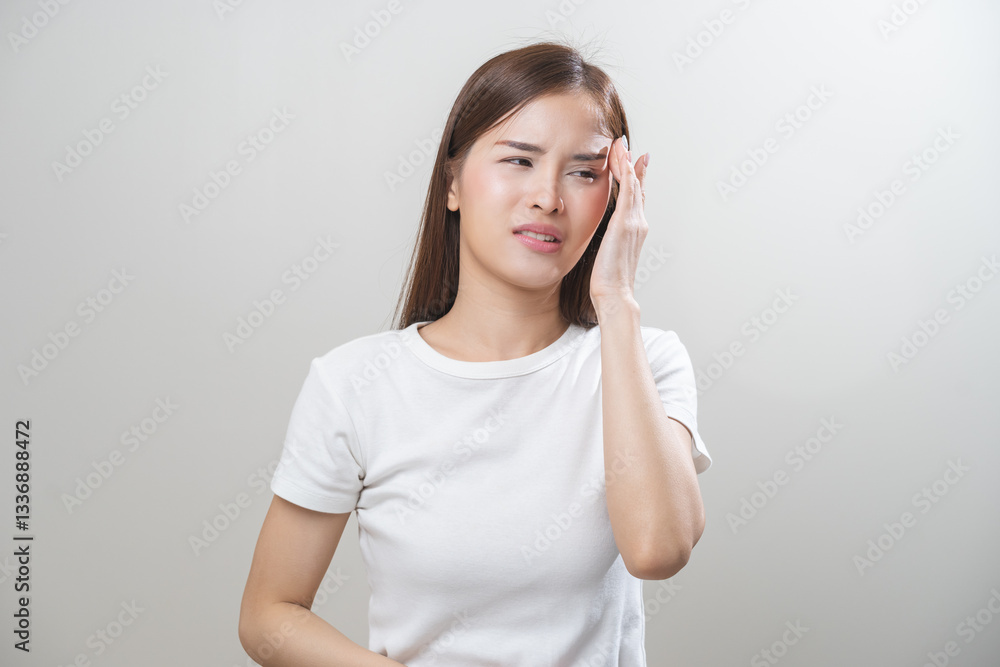 Dizzy asian young woman, girl headache or migraine pain suffering from vertigo or sick, holding head with hand, health problem of brain or inner ear not balance, standing isolated on white background. Dizzy asian young woman, girl headache or migraine pain suffering from vertigo or sick, holding head with hand, health problem of brain or inner ear not balance, standing isolated on white background.