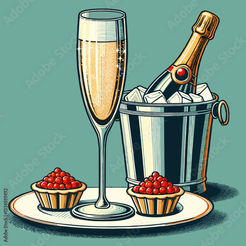 Elegant Champagne Glass, Bottle of Champagne and Red Caviar Tarts on Pop Art Style, colored vector 