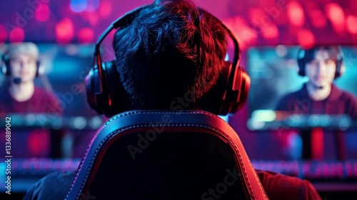 Gamer Wearing Headphones in Gaming Chair Competes in Video Game Tournament with Multiple Screens and Players, Surrounded by Vibrant Lighting for Immersive Experience