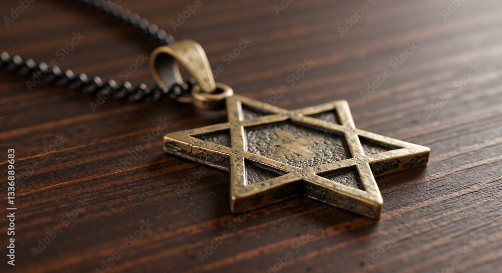 Star of David pendant on a wooden surface, representing Judaism and Jewish identity