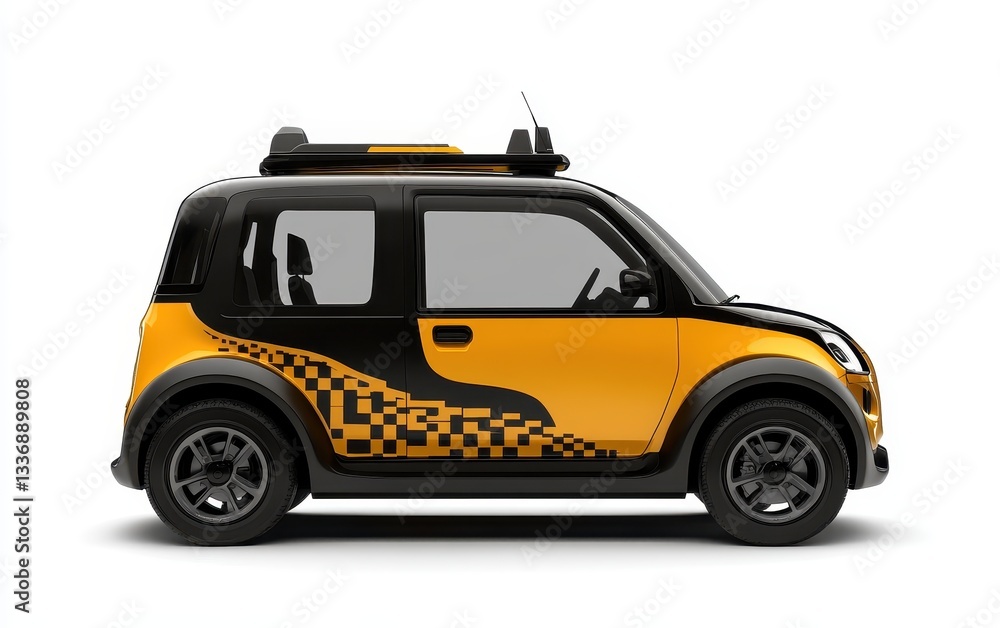 A compact yellow taxi car with a distinctive checkered pattern, designed for urban transportation. A compact yellow taxi car with a distinctive checkered pattern, designed for urban transportation.