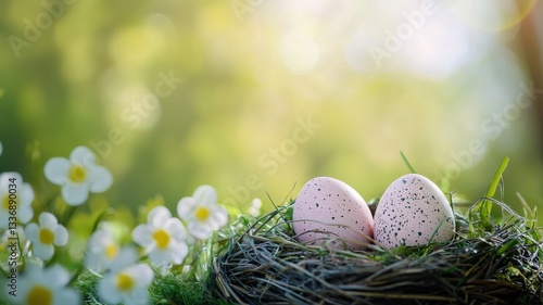 A cheerful Easter background with colorful pastel eggs and spring flowers on a bright, rustic wood surface. A festive flat lay composition for holiday greetings and celebrations.
