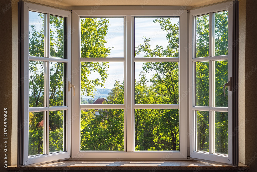 Fototapeta premium Windows of various thicknesses showcasing lush greenery and bright sunlight in a serene home interior setting