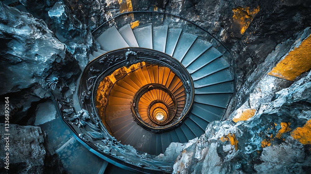 Spiral staircase, rock walls, overhead view