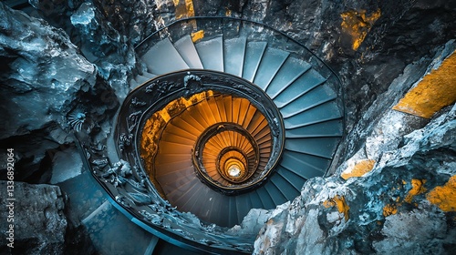 Obraz na płótnie Spiral staircase, rock walls, overhead view w salonie