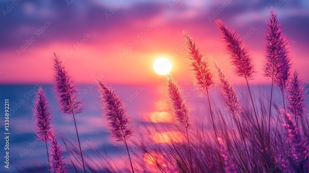 Coastal grass at vibrant ocean sunset Coastal grass at vibrant ocean sunset