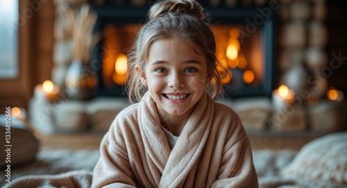 Wallpaper Mural Happy girl in cozy robe on warm fireplace background Torontodigital.ca