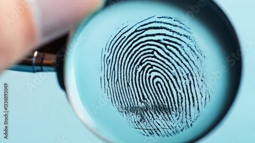 A close-up view of a magnifying glass held over a fingerprint on a blue background. This image showcases the detail involved in forensic examinations and identification processes.