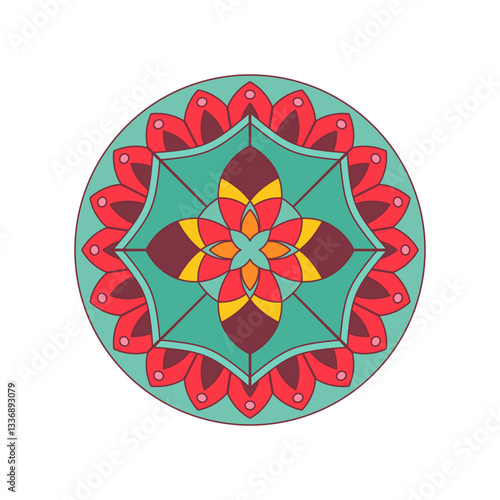 Asian colorful floral mandala. Vector ethnic circular ornament. Stylish design in red and turquoise shades