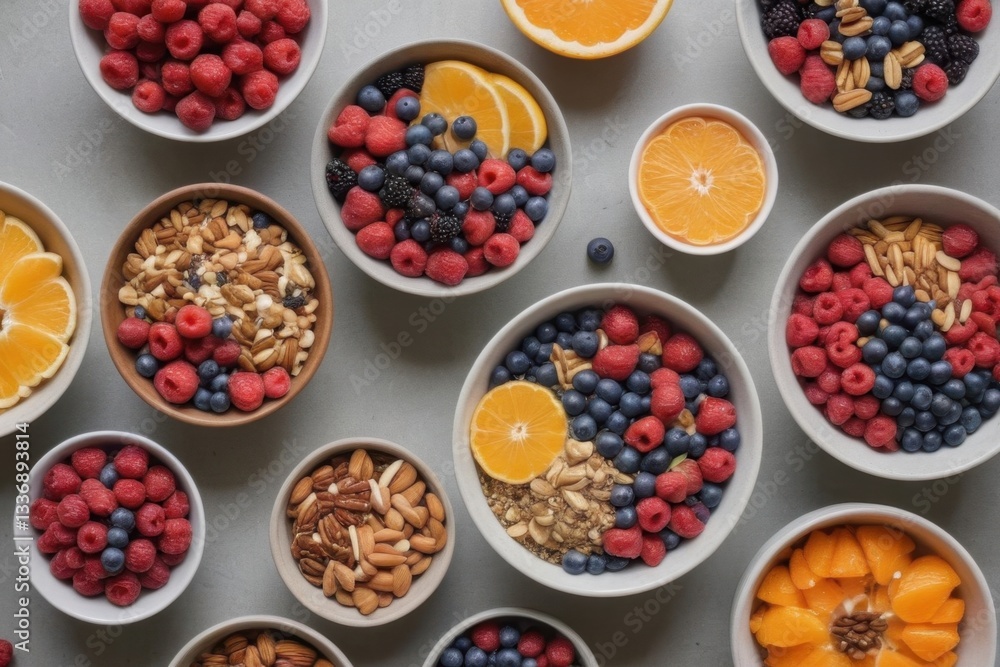 Overhead View of Colorful Fruit Bowls with Berries and Nuts Overhead View of Colorful Fruit Bowls with Berries and Nuts