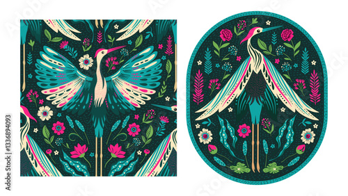 Vintage Boho Crane Bird Ethnic Card Set Ornamental Batik Swamp Flower Bohemian Baroque Folk Enchanted Art