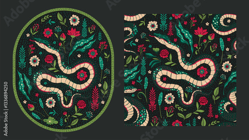 Vintage Boho Ethnic Snake Motif Card and Seamless Pattern Set Ornamental Batik Swamp Flower Bohemian Baroque Folk Art