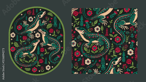 Vintage Boho Ethnic Lizard Motif Card and Seamless Pattern Set Ornamental Batik Swamp Flower Bohemian Baroque Folk Art