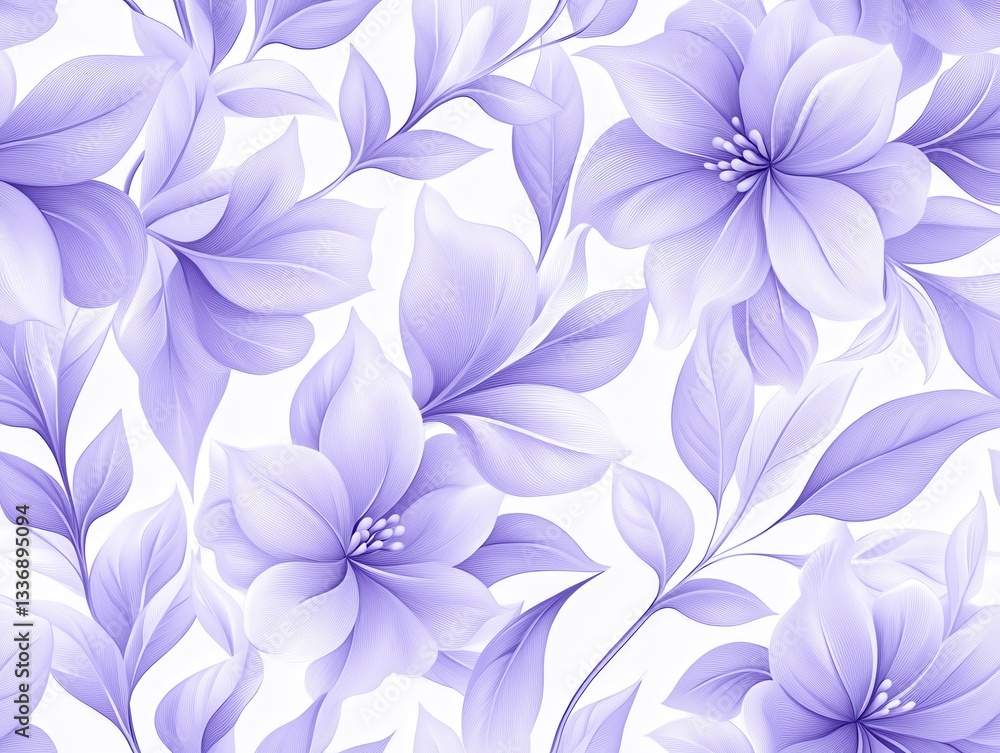 Elegant purple floral pattern with leaves, ideal for backgrounds or textiles Elegant purple floral pattern with leaves, ideal for backgrounds or textiles