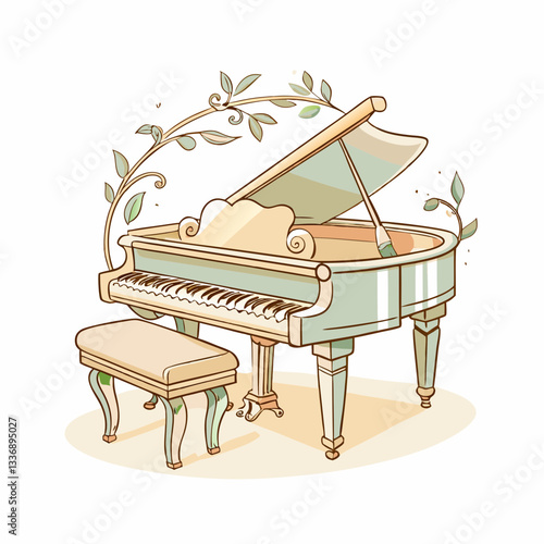 A beautifully illustrated grand piano adorned with vines, representing creativity and musical inspiration, perfect for vintage design and artistic projects.