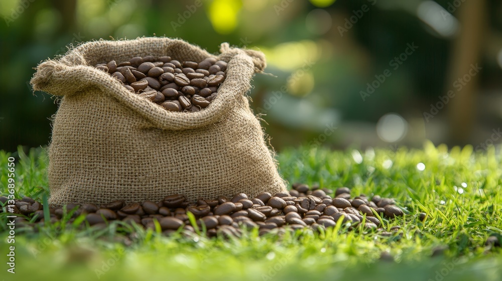 Obraz premium Realistic image of fresh coffee beans in a burlap sack resting on lush green grass outdoors