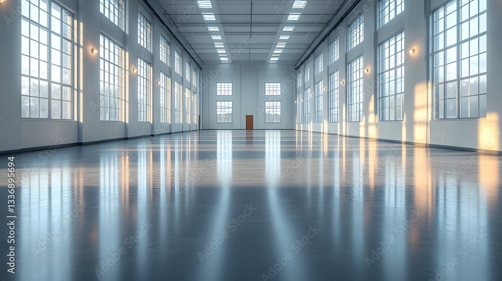 Empty manufacturing facility with polished floors and tall ceilings 3D rendering Empty manufacturing facility with polished floors and tall ceilings 3D rendering