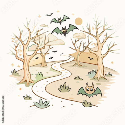 Whimsical illustration of bats flying over a winding path in a spooky, leafless landscape, perfect for Halloween decorations, storytelling, or themed artwork for children.