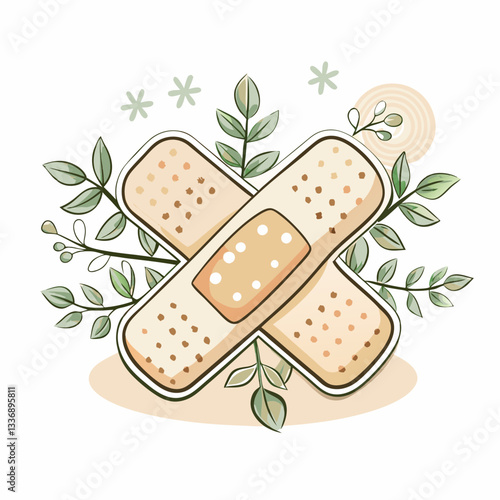 A cute illustration of two adhesive bandages intertwined with green leaves, symbolizing healing and care, perfect for medical themes, health awareness, and first aid concepts.