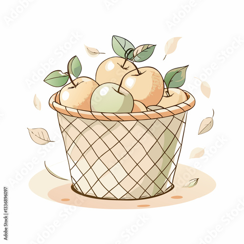 A colorful basket filled with fresh apples in various shades, symbolizing harvest abundance, seasonal produce, and the joy of gathering fruits in nature's serene atmosphere.