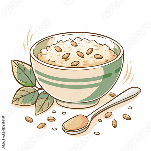 A bowl of oatmeal with seeds, an illustration symbolizing healthy eating, natural ingredients, breakfast nutrition, wholesome meals, and culinary creativity.