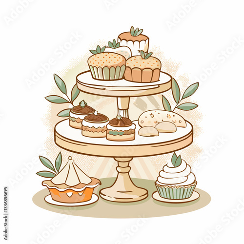 A beautifully arranged dessert stand with various cupcakes and pastries, showcasing an elegant dessert display against a soft pastel background, perfect for baking blogs or event celebrations.