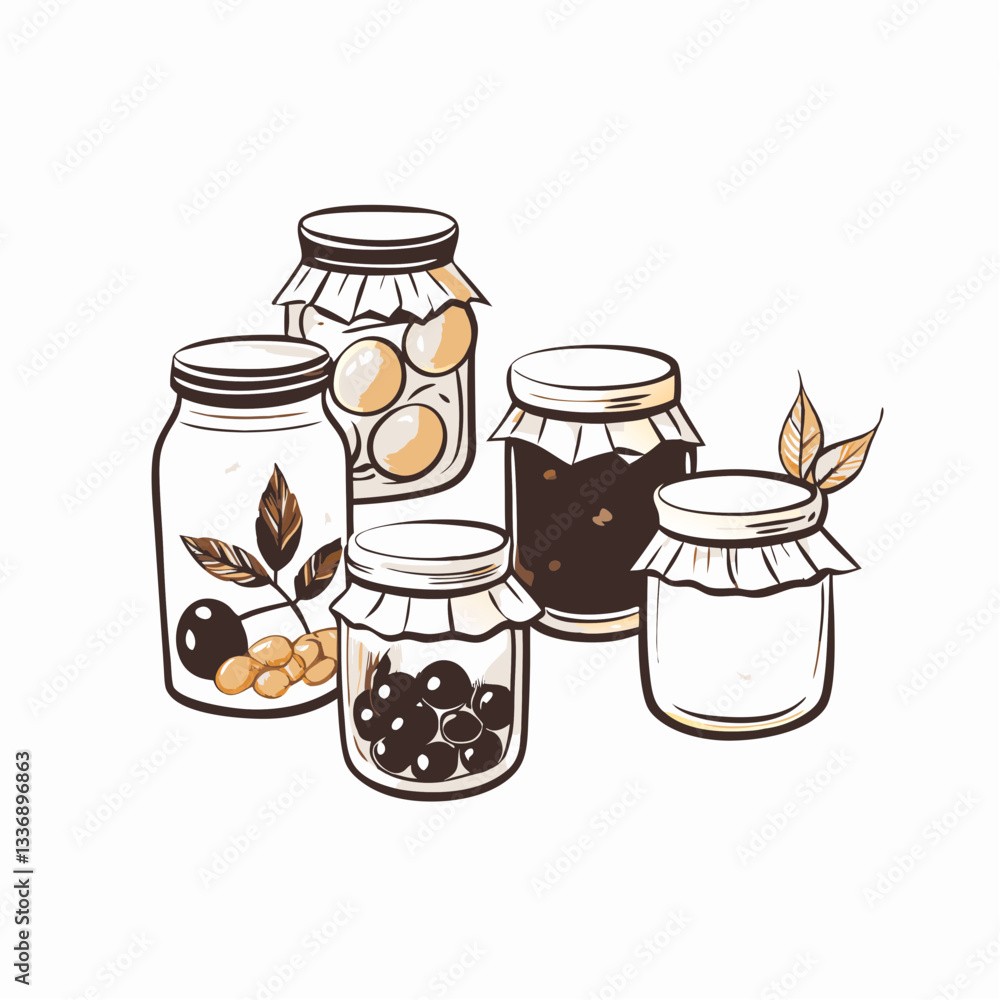 A collection of hand-drawn jars filled with various preserves, showcasing traditional homemade canning, perfect for food enthusiasts, recipes, and culinary art designs. A collection of hand-drawn jars filled with various preserves, showcasing traditional homemade canning, perfect for food enthusiasts, recipes, and culinary art designs.