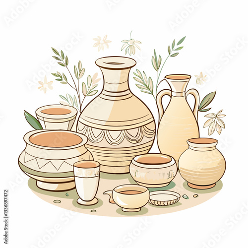 A collection of hand-crafted pottery displayed harmoniously with delicate flowers, representing traditional craftsmanship, artful decor, and the beauty of handmade ceramics.