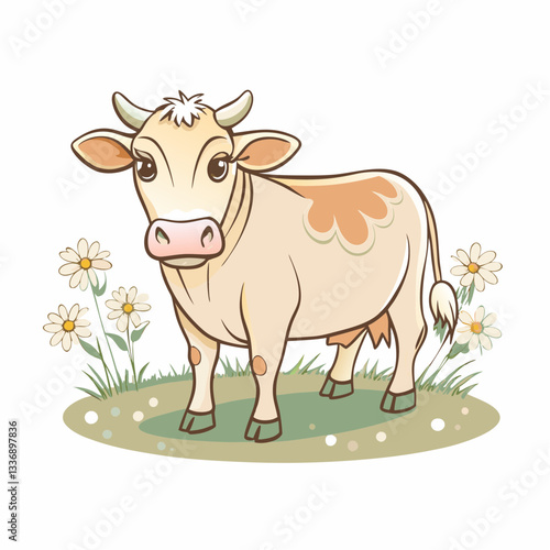 A cute cartoon cow standing in a grassy field decorated with flowers, representing farm life, animal husbandry, and the joy of rural living for children's educational materials.