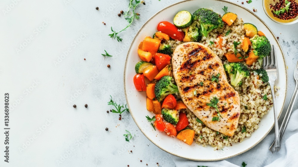 A plate of grilled chicken breast served with a side of quinoa and sautéed vegetables A plate of grilled chicken breast served with a side of quinoa and sautéed vegetables