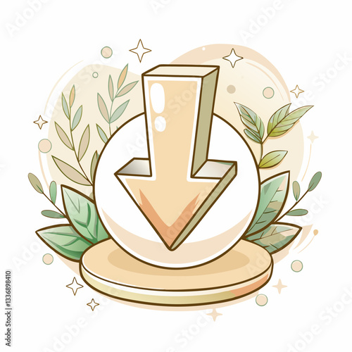 A stylish arrow icon with a shiny circular button and decorative leaves in soft colors, symbolizing downloading, user interface design, and digital accessibility for technology applications.