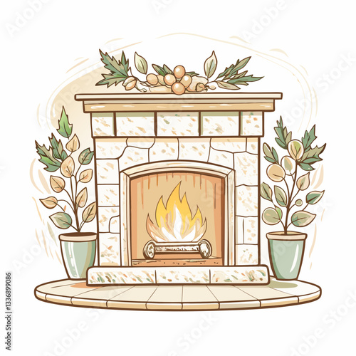 Cozy fireplace illustration with warm flames and decorative plants, rustic home ambiance, inviting atmosphere for winter gatherings, ideal for home decor and holiday themes.