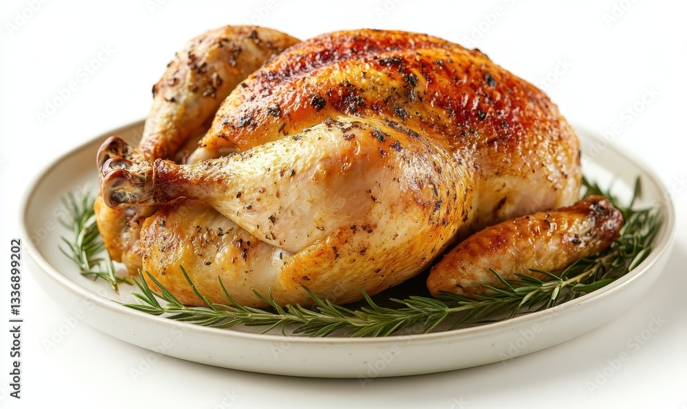 A deliciously roasted chicken sits on a white plate, surrounded by sprigs of fresh rosemary. The golden skin glistens, showcasing appetizing seasoning A deliciously roasted chicken sits on a white plate, surrounded by sprigs of fresh rosemary. The golden skin glistens, showcasing appetizing seasoning