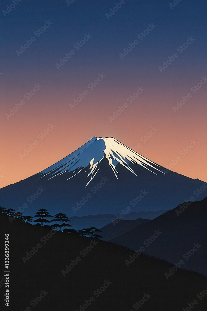 Fototapeta premium Minimalist illustration of Mount Fuji at sunset with snow-covered peak and silhouetted landscape. generative AI