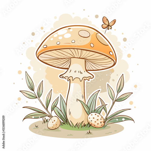A whimsical orange mushroom surrounded by green leaves and speckled eggs, depicting a delightful nature scene, perfect for illustrating growth, the magic of nature, and organic life.