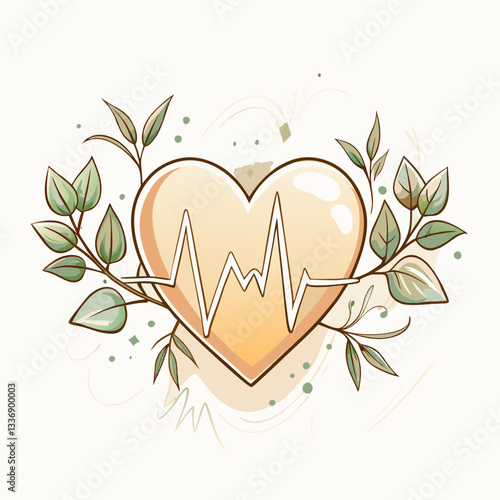 A stylized illustration of a heart with a heartbeat line surrounded by green leaves, symbolizing health and wellness, perfect for promoting heart health awareness and medical themes.