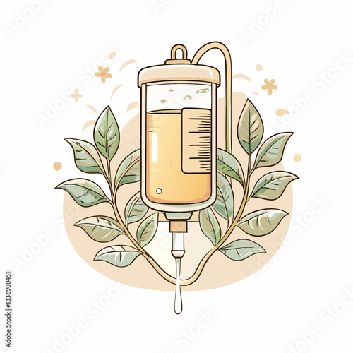 Illustration of an IV drip with amber fluid surrounded by green leaves, representing health and wellness, natural healing, artistic medical imagery, and botanical art for wellness promotions.
