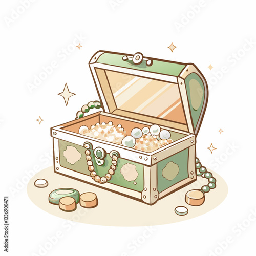 An open treasure chest filled with gold coins and pearls, symbolizing wealth, hidden fortune, pirate loot, valuable gems, and adventure
