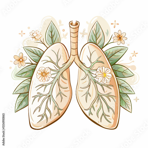 Human lungs with floral and leafy elements, symbolizing health, breathing, respiratory wellness, nature-based healing, and environmental care
